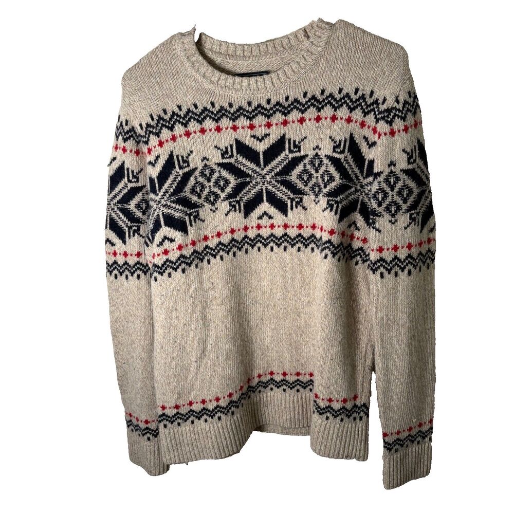 Abercrombie & Fitch Sweater Men's Large Beige Crew Neck Winter Snowflake